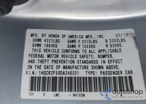 2013 Honda Accord Sport z USA, uszkodzony, nr VIN 1HGCR2F59DA246001